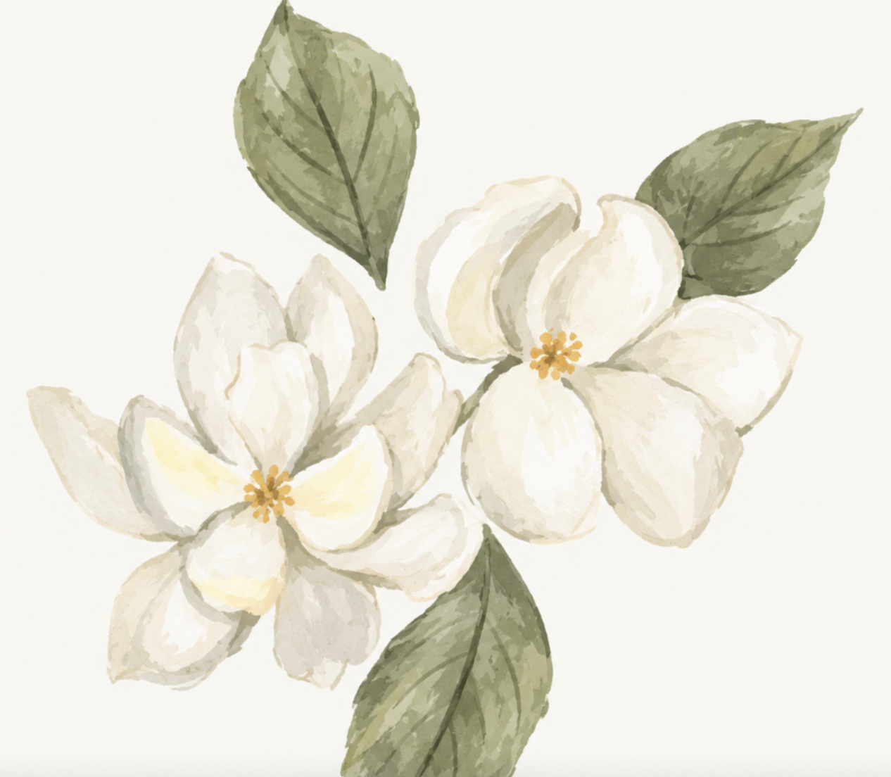 Watercolour white cardamom flowers and green leaves